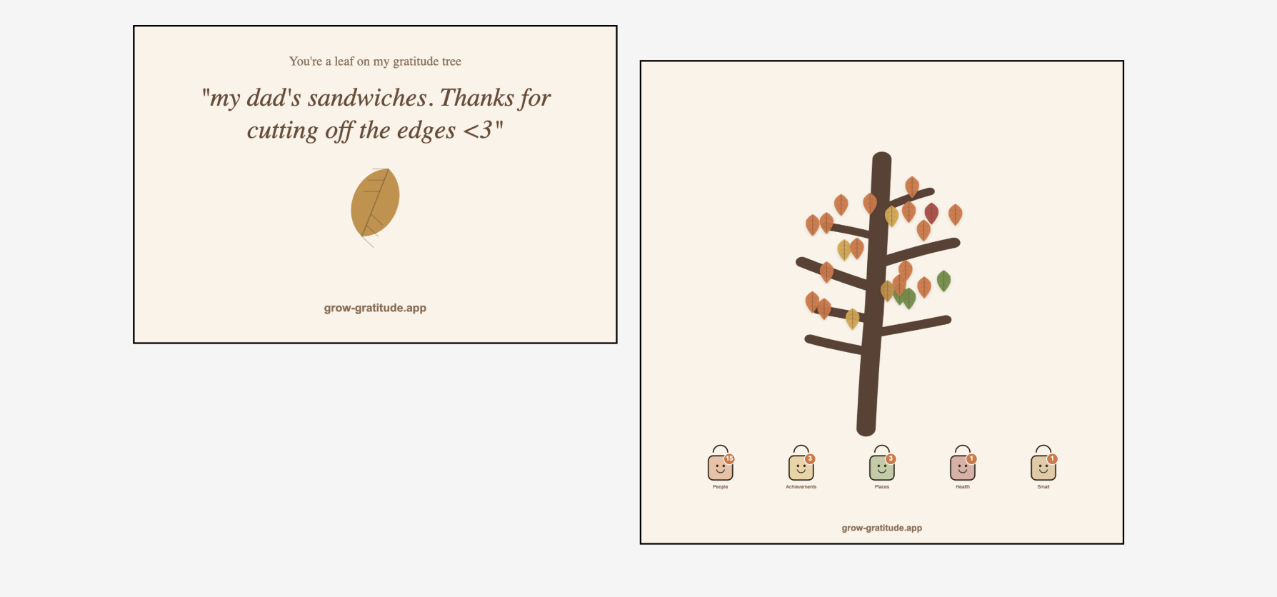 Sharing gratitude tree - individual leaf and full tree view
